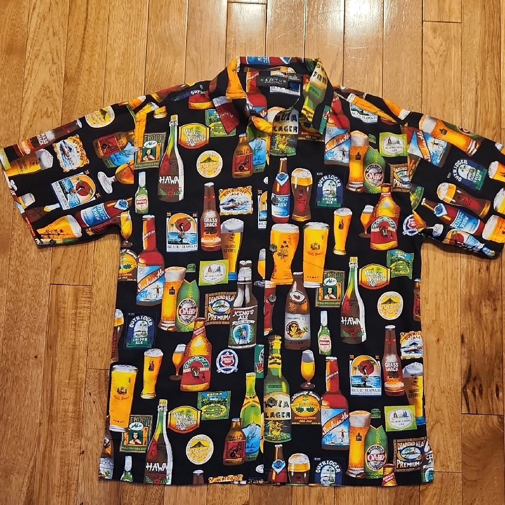 Cactus Black Label Beer Print Hawaiian Shirt Men’s Size L Button Front